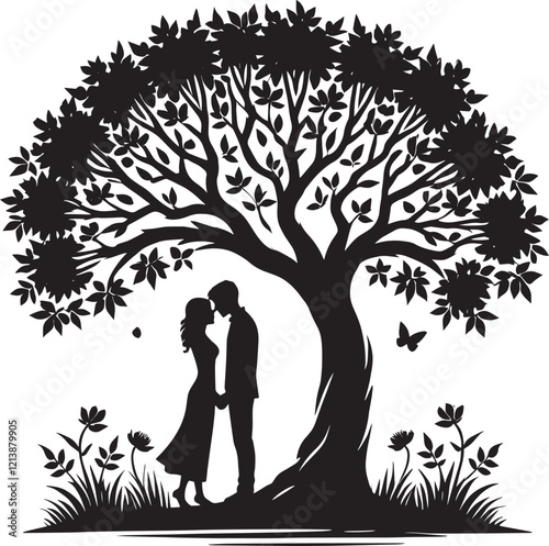 A romantic couple under a beautiful tree vector illustration isolated on a white background