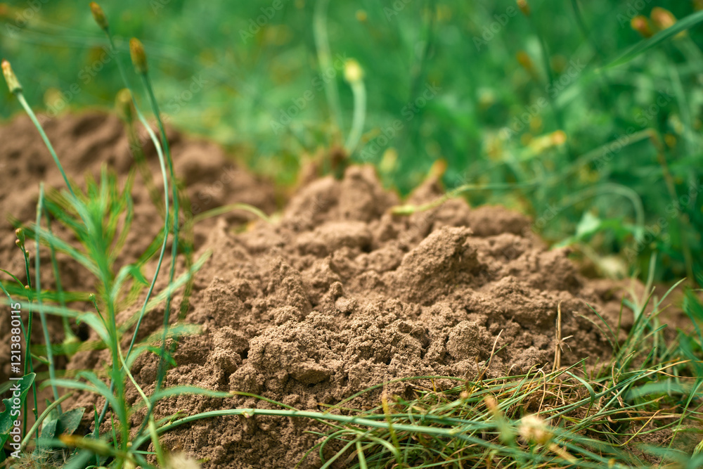 Molehill rising in field of grass and flowers Molehill rising in field of grass and flowers