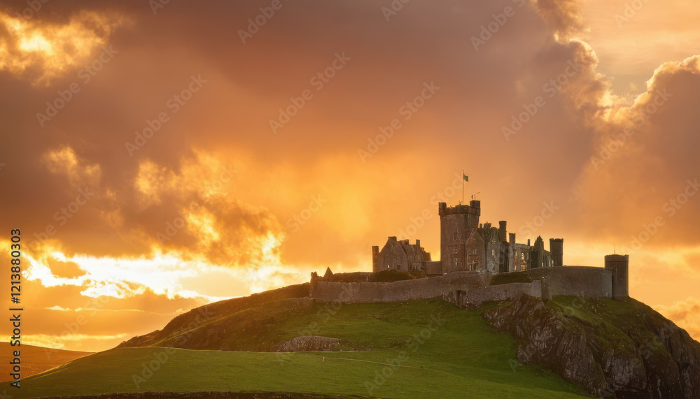 Obraz premium Majestic Irish castle on green hill with golden sunset