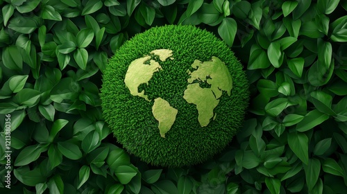 Lush Green World Map Embedded in Vibrant Foliage Symbolizing Environmental Conservation and Global Sustainability