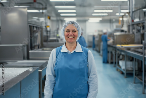 Smiling worker in modern industrial kitchen wearing a blue apron and hairnet