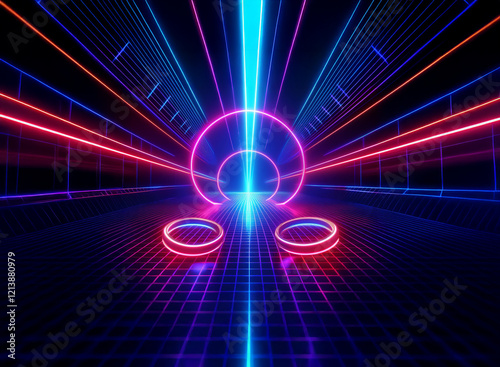Wallpaper Mural Abstract digital art featuring vibrant neon pink and blue lines converging in a futuristic tunnel. Glowing rings and a gridded floor create a dynamic, symmetrical composition.  The scene evokes a sens Torontodigital.ca