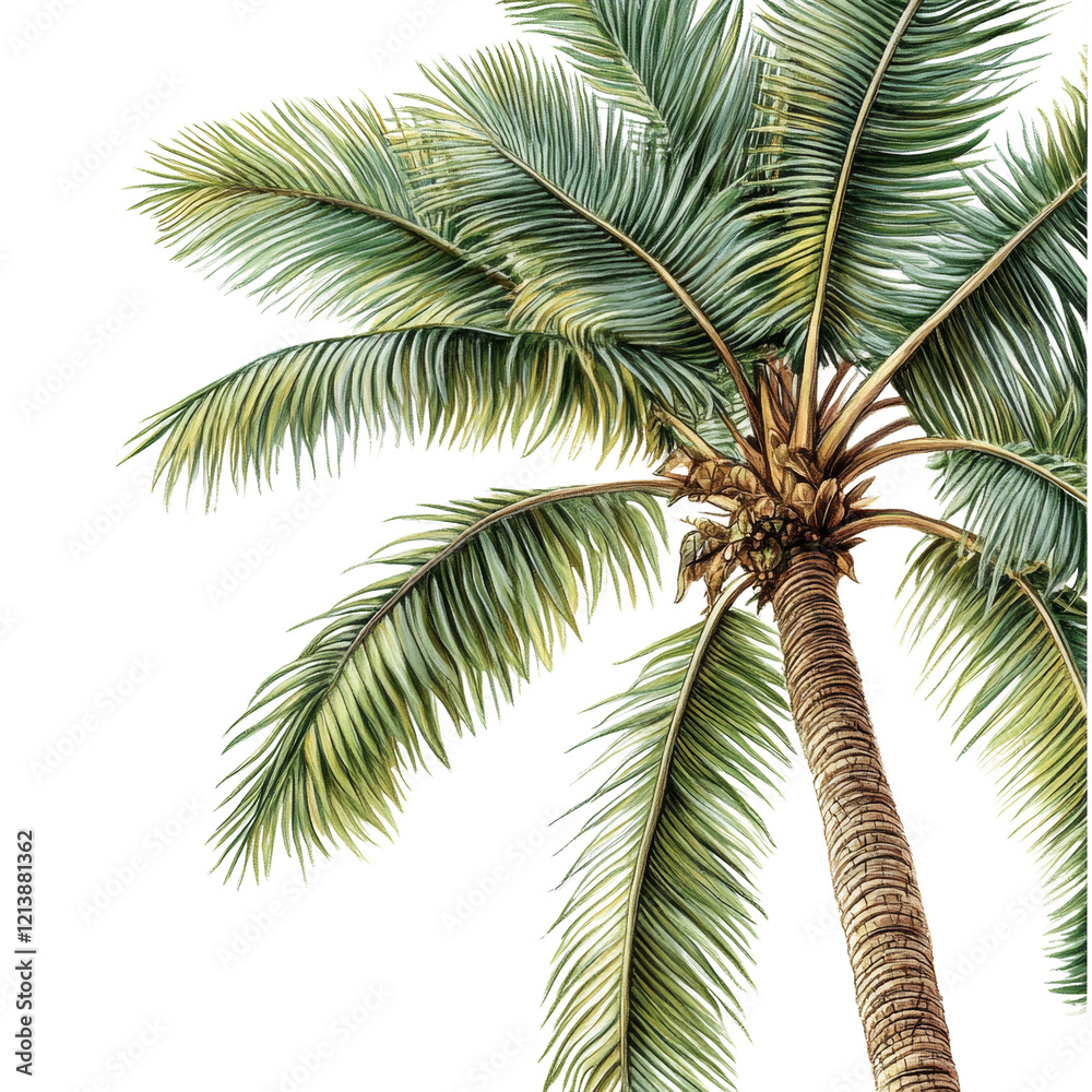 Fototapeta premium A detailed watercolor painting depicts a vibrant green palm tree against a white background showcasing its lush foliage and textured trunk.