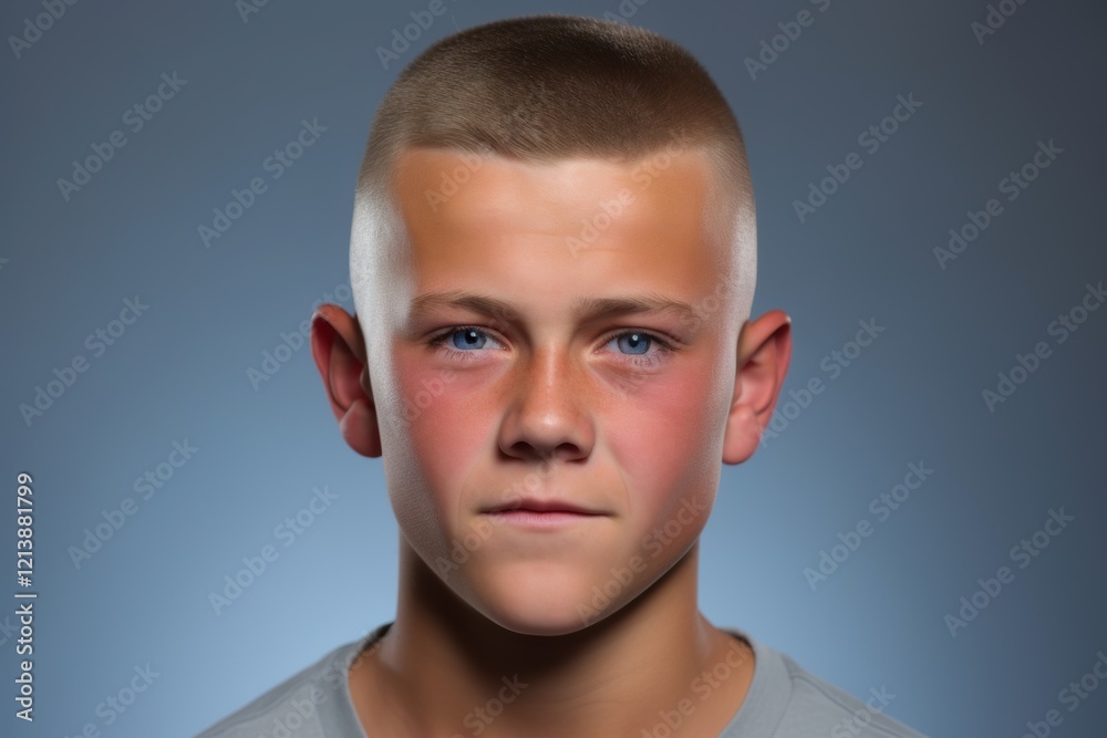 Fototapeta premium A boy with a shaved head and a blue shirt