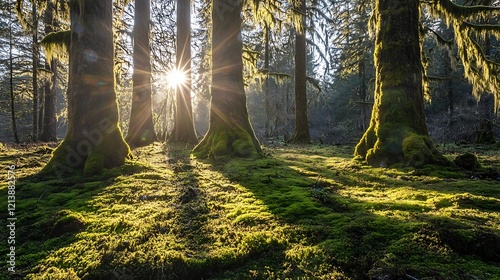 A peaceful forest with moss-covered trees and soft sunlight filtering through 