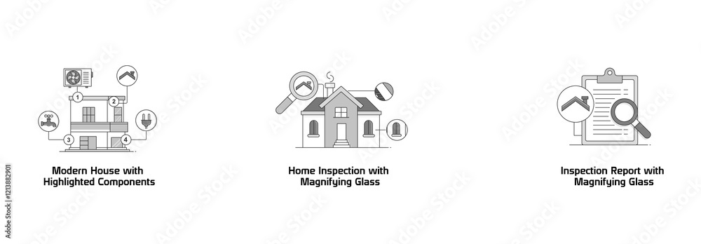 Real Estate Tools. Inspection Report with Magnifying Glass, Home Inspection with Magnifying Glass, Modern House with Highlighted Components Real Estate Tools. Inspection Report with Magnifying Glass, Home Inspection with Magnifying Glass, Modern House with Highlighted Components