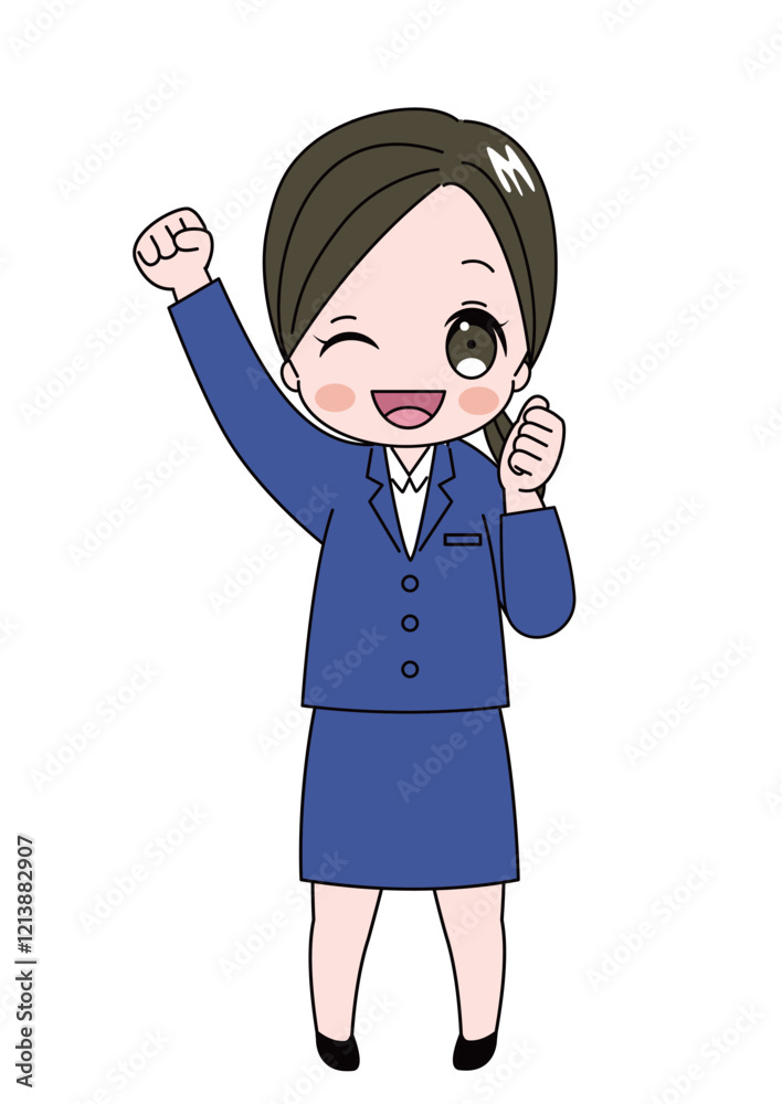 ガッツポーズをあげてウインクしている笑顔の女性 かわいいスーツ姿の女性の全身イラスト ガッツポーズをあげてウインクしている笑顔の女性 かわいいスーツ姿の女性の全身イラスト