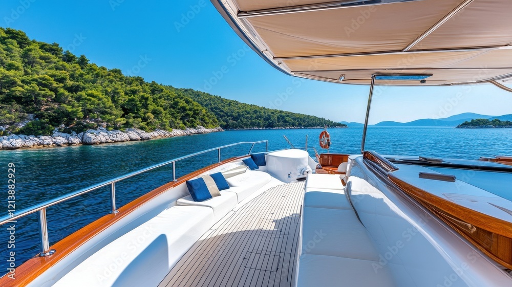 Fototapeta premium Stunning wide-angle view of a luxurious motor yacht gliding through crystal-clear waters under a sunny sky.