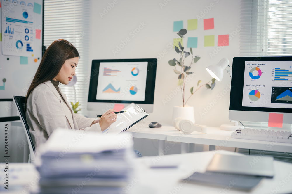 Asian businesswoman working with financial data using computer and clipboard in modern office Asian businesswoman working with financial data using computer and clipboard in modern office