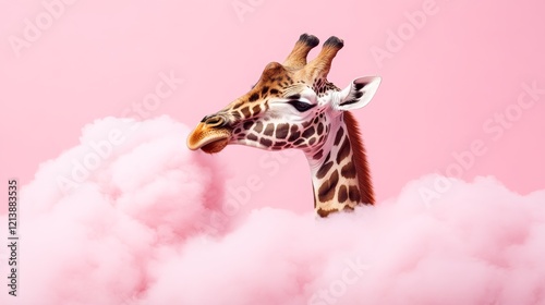 Giraffe is standing in a cloud of pink smoke. The giraffe is looking up at the sky, and the pink smoke is swirling around it. The image has a whimsical and playful mood
