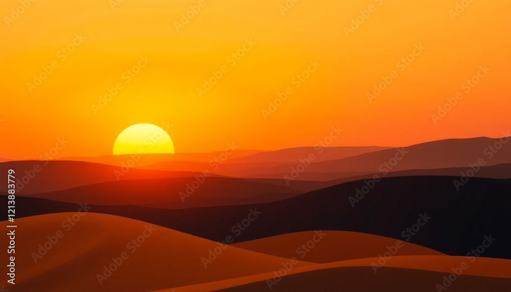 Rolling desert dunes glowing under a vibrant sunset Rolling desert dunes glowing under a vibrant sunset