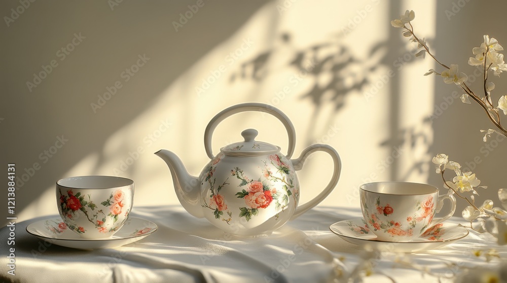Fototapeta premium Elegant Tea Set with Floral Design on a Soft Surface Highlighted by Natural Light