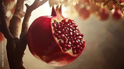 A pomegranate tree with bright red fruit bursting open to reveal juicy seeds 