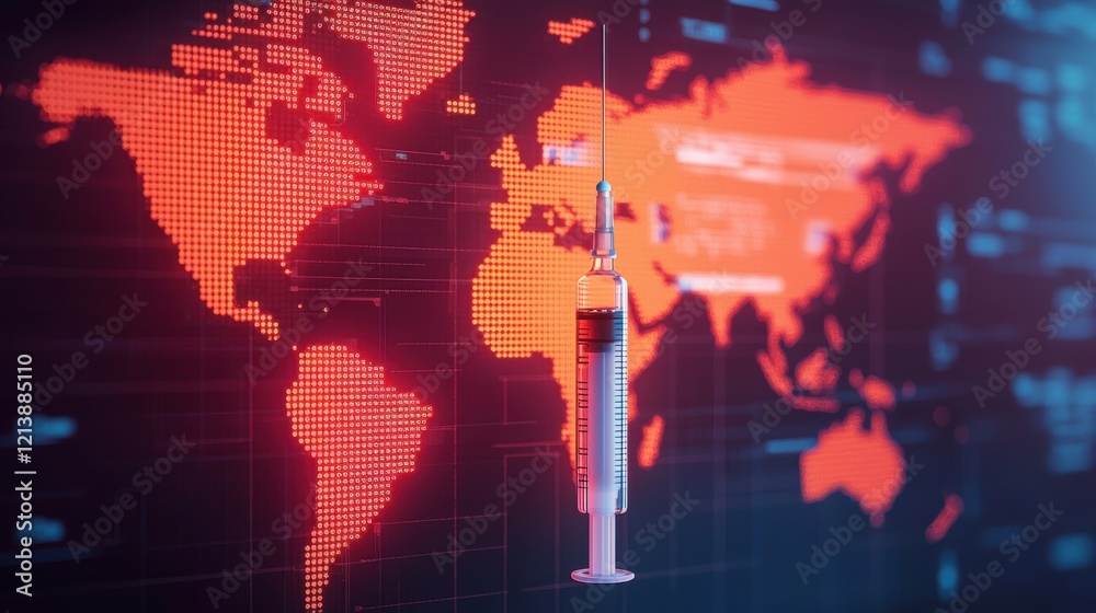 Obraz premium Global Health Pandemic Vaccination concept. Digital Globe and World Map Data Visualization for Global Finance and Business Intelligence