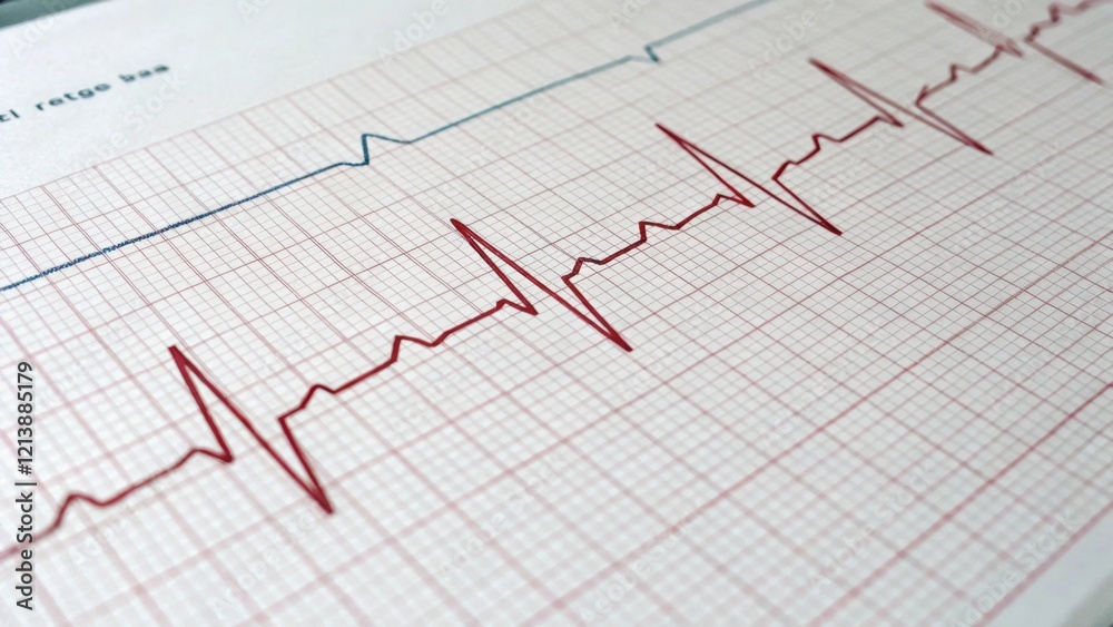 A close-up of an electrocardiogram (ECG) printout, showing heart rhythm patterns with clear spikes and waves indicating heart activity. A close-up of an electrocardiogram (ECG) printout, showing heart rhythm patterns with clear spikes and waves indicating heart activity.