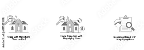 Home Analysis and Reports. Home Inspection with Magnifying Glass, Inspection Report with Magnifying Glass, House with Magnifying Glass on Roof