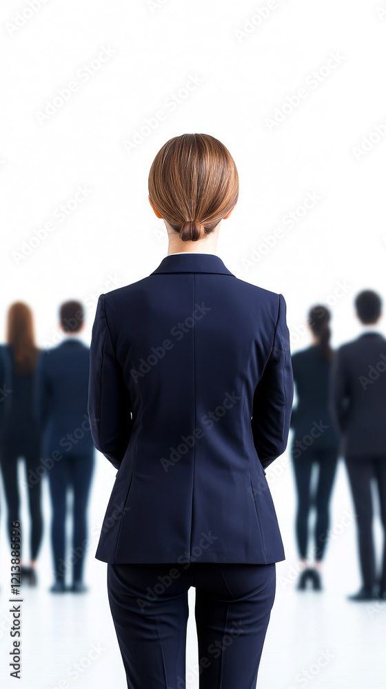 Fototapeta premium A professional woman stands confidently with her back to a group of indistinct individuals, symbolizing leadership and teamwork.