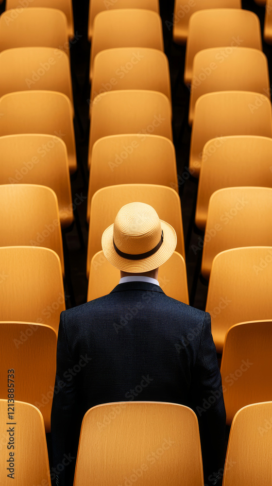 Fototapeta premium A man in a hat sits alone in a sea of orange chairs, creating a striking visual contrast and evoking feelings of solitude and reflection.