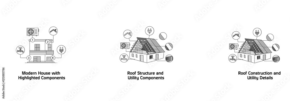 Property Utility Assessment. Modern House with Highlighted Components, Roof Construction and Utility Details, Roof Structure and Utility Components Property Utility Assessment. Modern House with Highlighted Components, Roof Construction and Utility Details, Roof Structure and Utility Components