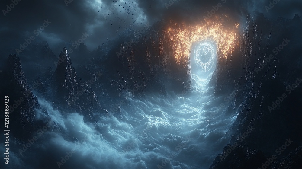 Fototapeta premium Fiery portal in dark, mountainous landscape.