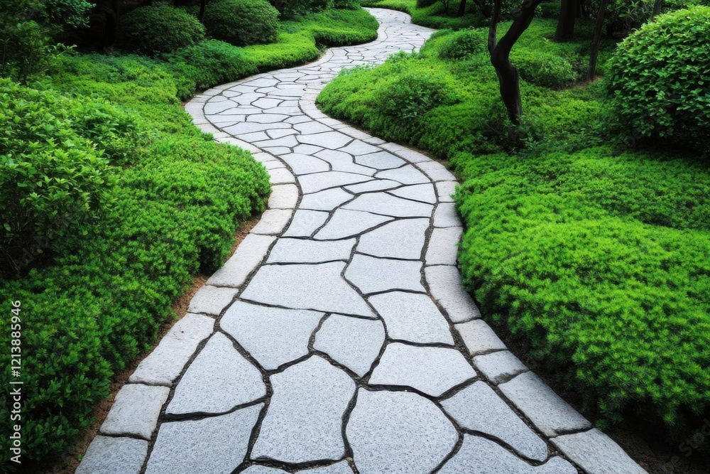 Obraz premium Stone Path Winds Through Lush Green Garden, Serene Pathway, Tranquil Garden Walk.