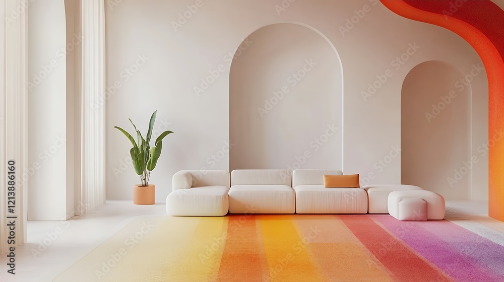 Fototapeta premium Modern Living Room Design with Colorful Gradient Rug and Sectional Sofa