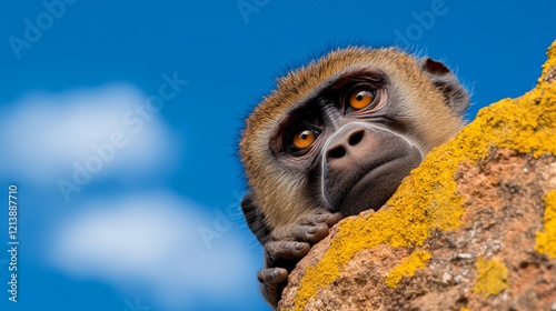 A monkey is looking up at the sky. The sky is blue and there are clouds in the background