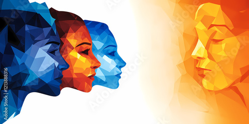 A colorful collage of faces with a blue face in the middle