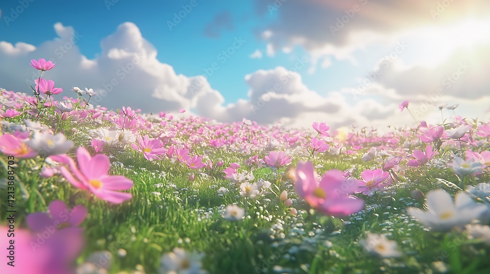 Obraz premium A vibrant field of cosmos flowers swaying gently in the breeze under a sunny sky