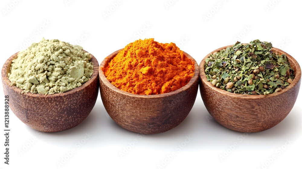 Vibrant Assortment of Exotic Vegan Spices in Wooden Bowls Vibrant Assortment of Exotic Vegan Spices in Wooden Bowls