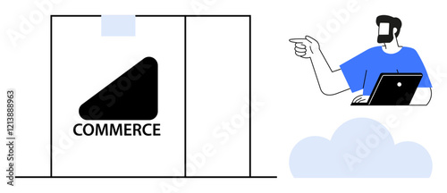 Building labeled Commerce, person with laptop pointing, cloud graphic. Ideal for e-commerce, online business, digital marketing, customer engagement, internet services, web hosting technology