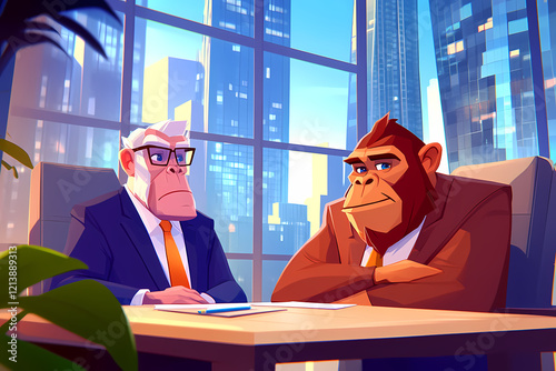 Two men are sitting at a table, one of them is a gorilla