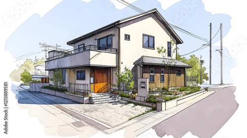 Illustration of a detached house in a clean architectural sketch style
