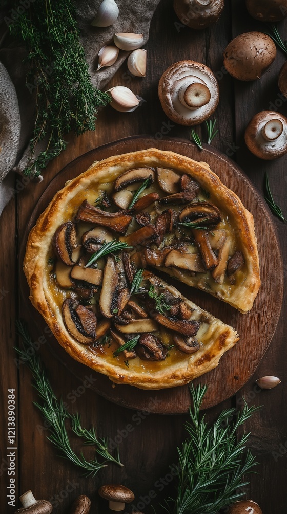 Fototapeta premium Rustic mushroom tart with rosemary and garlic.