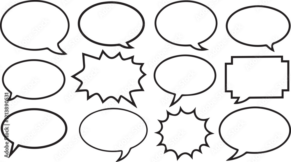 Fototapeta premium Bubble comic The retro comic speech bubbles collection with black halftone shadows showcased a vintage pop art design. Perfect vector set for isolated text and creative projects on a white background 