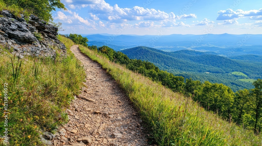 Fototapeta premium A scenic nature trail along a mountain ridge, offering breathtaking views of the valley below and the horizon beyond