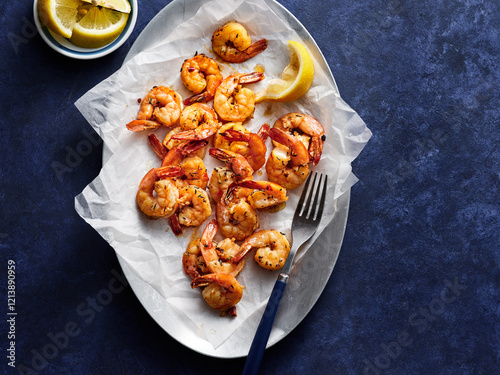 A platter showcases juicy shrimp garnished with lemon wedges, perfect for a casual dining experience. This dish is ideal for seafood lovers and sharing