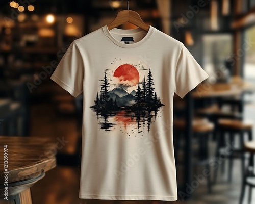 Beige t-shirt with mountain, lake, and red sun design. photo