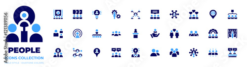People icon collection. Bold style. Duotone colors. cinema, team, teamwork, couple, population, customer, lectern, conference, idea, gear, jigsaw, target, group