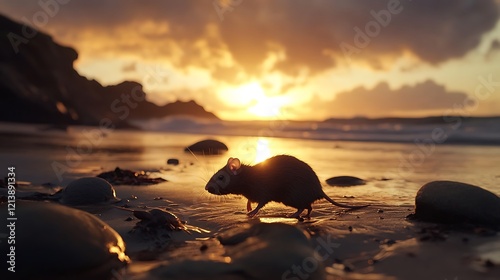 A single rat walking along a rugged beach with scattered rocks, the sun setting behind distant waves, creating a dramatic atmosphere.