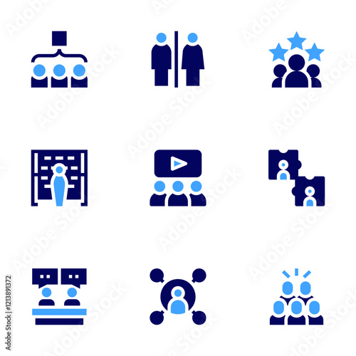 People icon set. Bold style. Duotone colors. team, toilet signs, interview, viral marketing, teamwork, photocall, connections, protest, rating