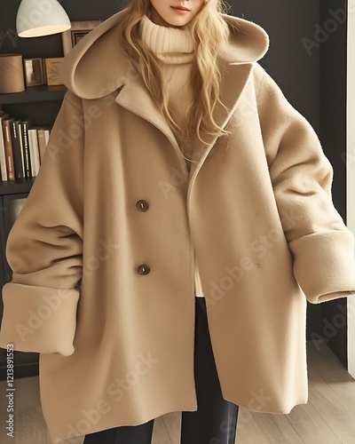 Beige oversized hooded wool coat.