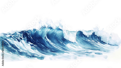 A watercolor painting depicts a dramatic scene of large ocean waves crashing with white foam and blue hues.