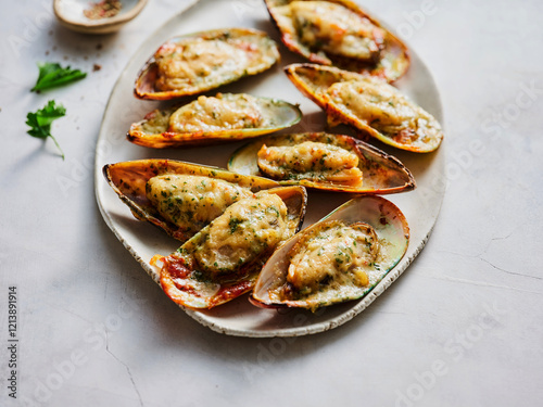 Delicious baked mussels are arranged on a platter, topped with melted cheese and fresh herbs. The bright kitchen background enhances the appetizing presentation of this seafood dish photo