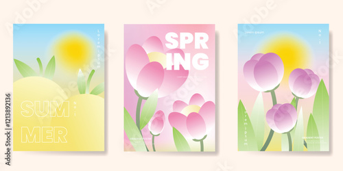 Abstract colorful gradient flower card background set. Minimalist poster with tulip flower. Modern summer and spring wallpaper design for home decoration, website, banner, ads.
