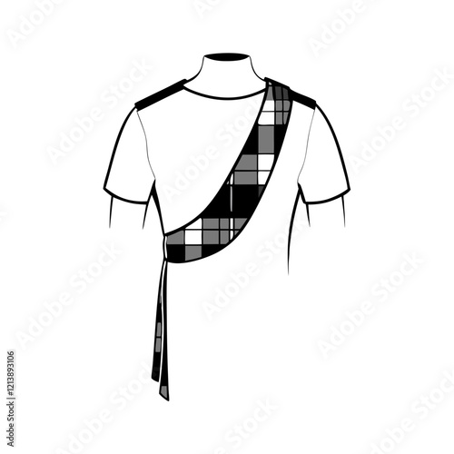 Shoulder sash with monochrome tartan, traditional wear, in black line drawing on transparent background
