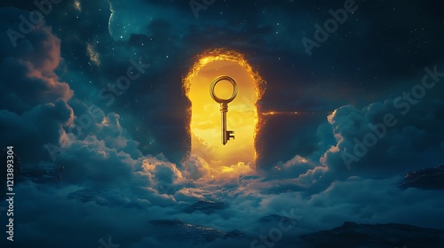 A glowing sky with a golden key floating near a giant keyhole symbolizing the unveiling of unexplored opportunities