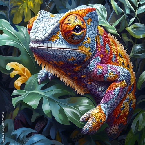 Vibrant Chameleon Camouflaged in Lush Jungle Canopy   Whimsical Digital Painting
