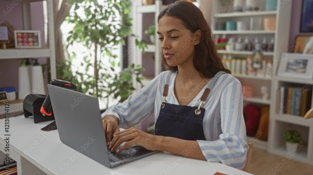 Young woman working on laptop in a home decor store, surrounded by various decorations and plants, creating a cozy and inviting atmosphere Young woman working on laptop in a home decor store, surrounded by various decorations and plants, creating a cozy and inviting atmosphere