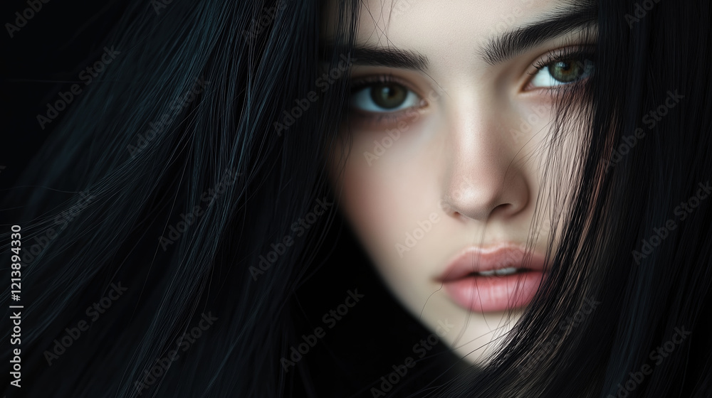 Fototapeta premium Captivating portrait of young Caucasian woman with flowing dark hair and intense gaze